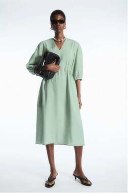 COS Voluminous 3/4 Sleeve V-Neck Green Midi Dress // 8